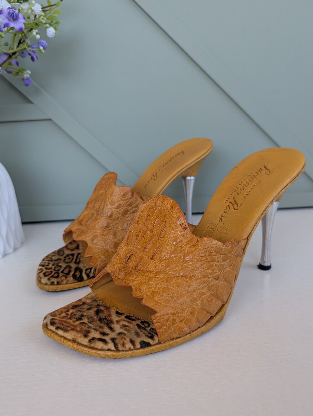 Leopard Accent Tan Croc-Effect Mule Heels